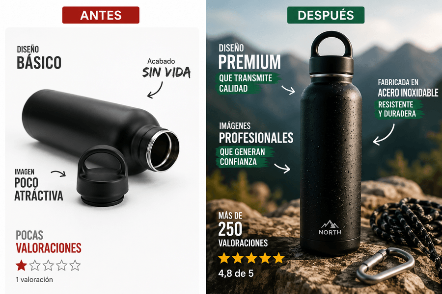 Ejemplo ilustrativo de un antes/después de contenido de producto — no corresponde a un trabajo real entregado a un cliente
